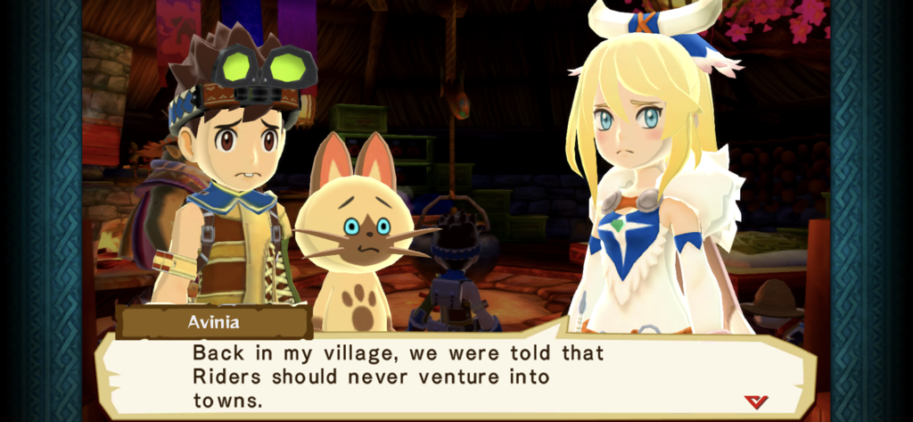 Monster Hunter Stories - A dialogue scene between characters Avinia and Navirou in Monster Hunter Stories