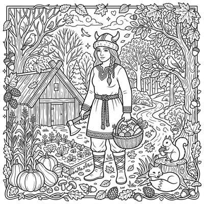 Journey back in time with this engaging coloring page featuring a determined Viking settler gathering her autumn harvest. Surrounded by classic fall foliage and charming woodland creatures, this scene offers a wonderful blend of history and seasonal beauty.