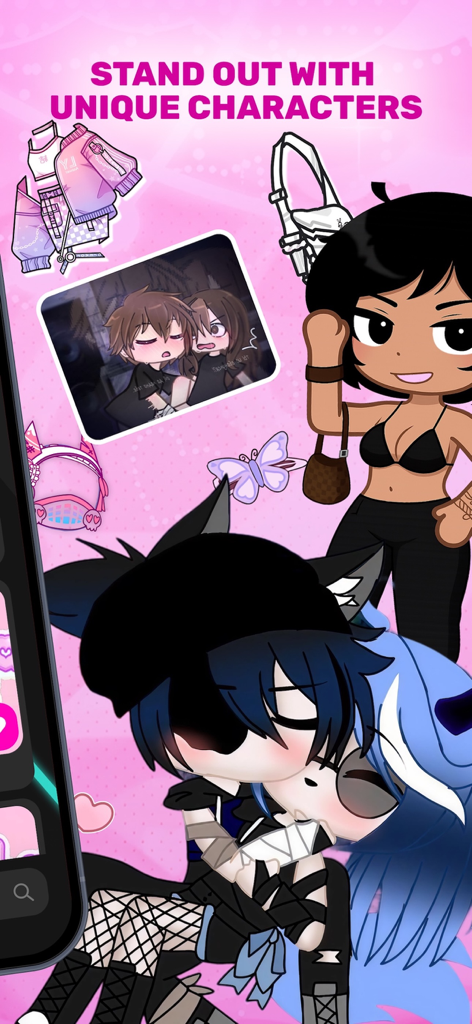 Gacha Life Club: Mods, Skins - Varios personajes y atuendos únicos de estilo anime de la aplicación Gacha Life Club mostrados sobre un fondo rosa.