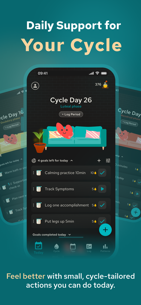Belle : Period & PMDD Tracker - Interface of the Belle app showing daily cycle-tailored self-care goals and mental health tracking during the luteal phase.
