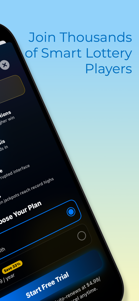 JackpotAI: Lottery Predictor - JackpotAI app screen showing lottery prediction subscription plans and a start free trial button