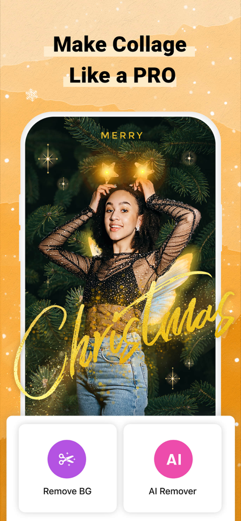 Mobile app interface showing a professional Christmas photo collage with AI background removal options