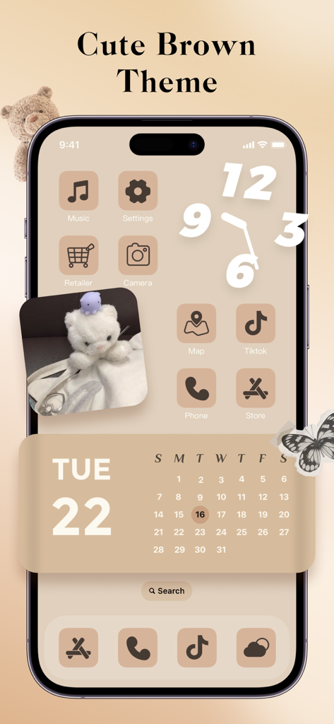 iPhone home screen featuring Widgify's cute brown aesthetic theme with custom icons, a calendar widget, and a photo widget.
