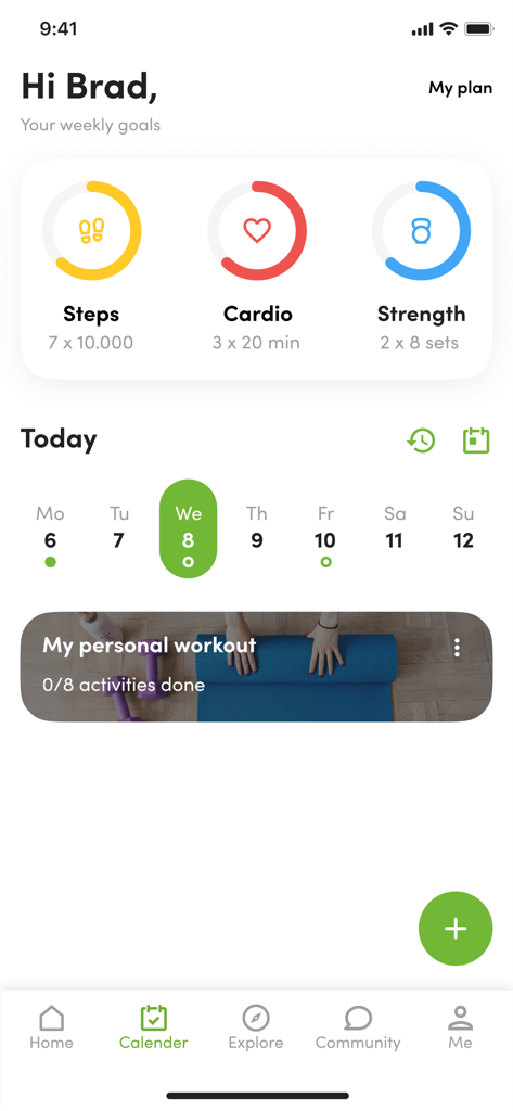 Buzz Gym - Buzz Gym app dashboard showing weekly goals for steps, cardio, and strength with activity progress rings and a workout calendar.