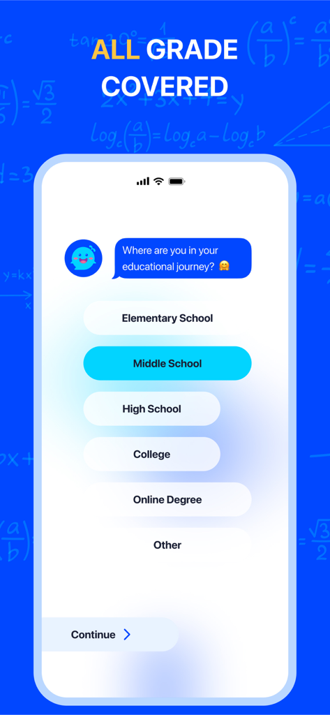 Study AI - Homework Helper - Study AI app interface for selecting education levels from elementary school to college
