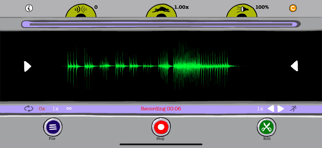 Interface of the soundOscope app showing a bright green sound waveform and recording tools