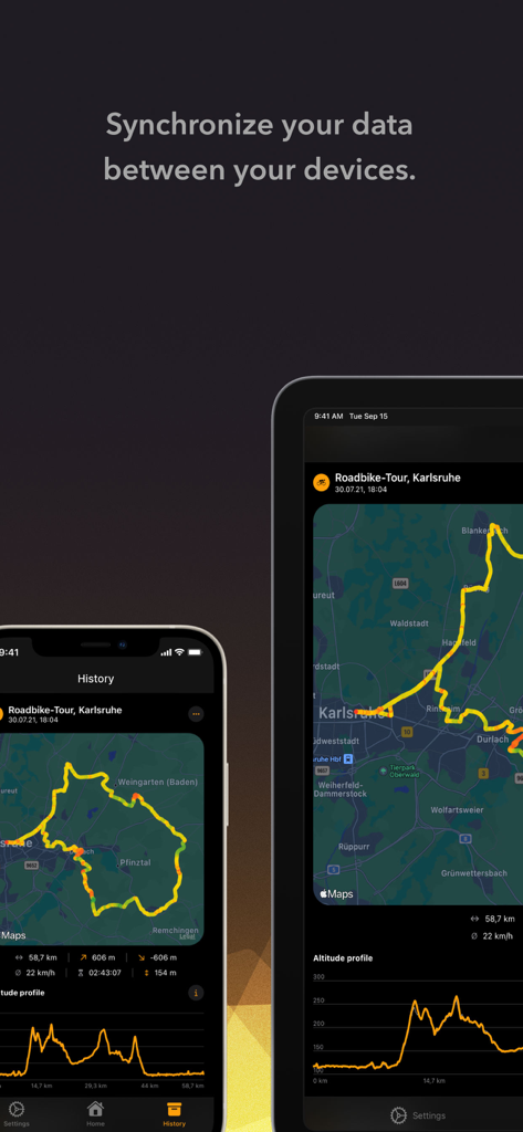 Baloc: Your altitude profile - Baloc app showing a cycling route and altitude profile synchronized between an iPhone and an iPad