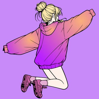 realistic girl jumping with a bun and oversized sweatshirt