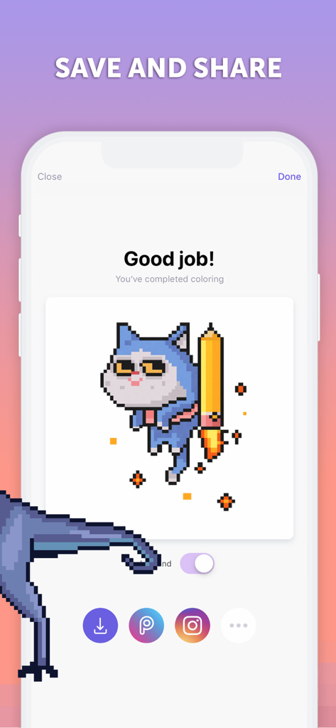 PixelArt by Picsart - A completed pixel art of a cat riding a pencil rocket with social media sharing buttons