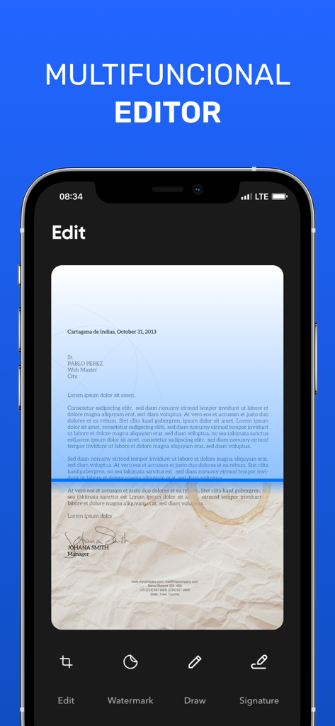 Document scanner mobile app interface showing multifunctional editing tools
