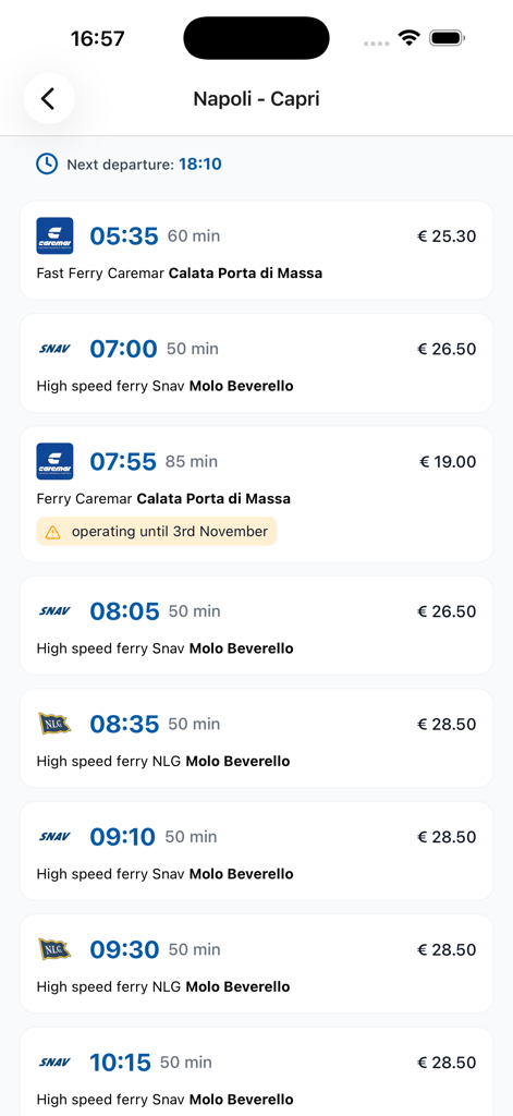 Capri Schedule - Interface of the Capri Schedule app showing ferry departure times and ticket prices from Naples to Capri