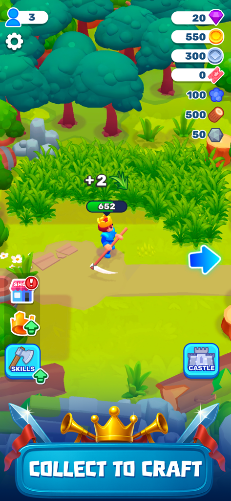 A character in Royal Lands harvesting grass in a forest clearing with a collect to craft banner