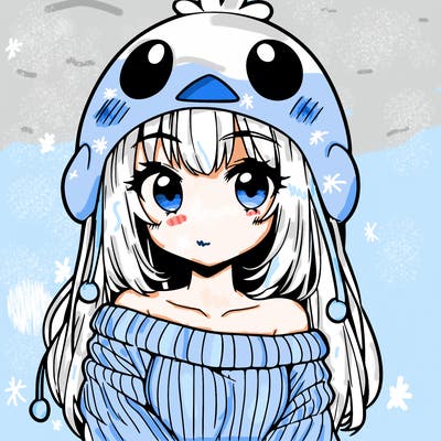 anime girl with chick shaped hat with sweater with bare shoulders with bangs covering them one eye with low tail