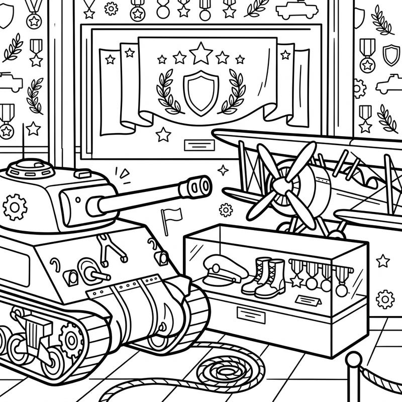 Embark on an exciting journey through history with this adorable military museum coloring page, perfectly designed for little hands. Toddlers will love bringing tanks, planes, and medals to life with ultra-thick lines and simple shapes.
