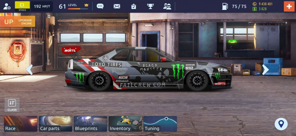 Customized sports car in the garage menu of Drag Racing Street Car Game with tuning options