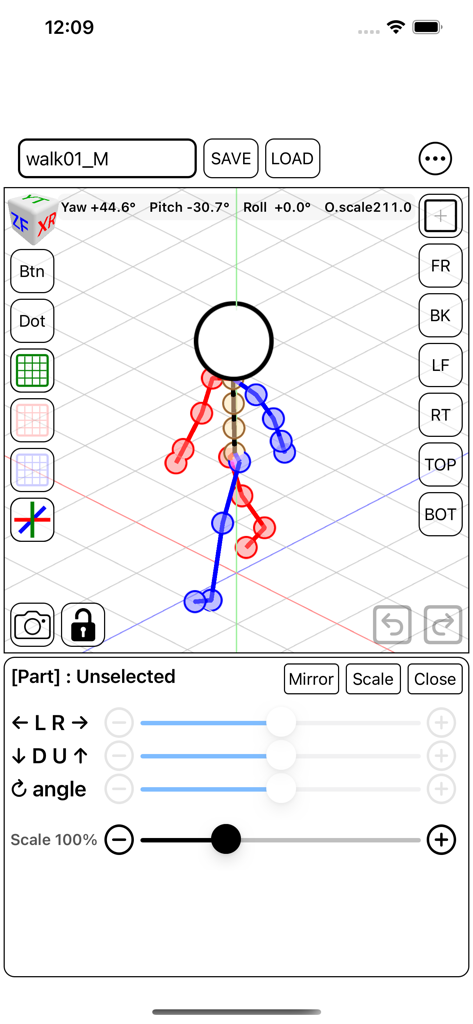 Stick Figure 3D Pose - L'app Stick Figure 3D Pose che mostra un fotogramma di animazione di camminata e controlli UI
