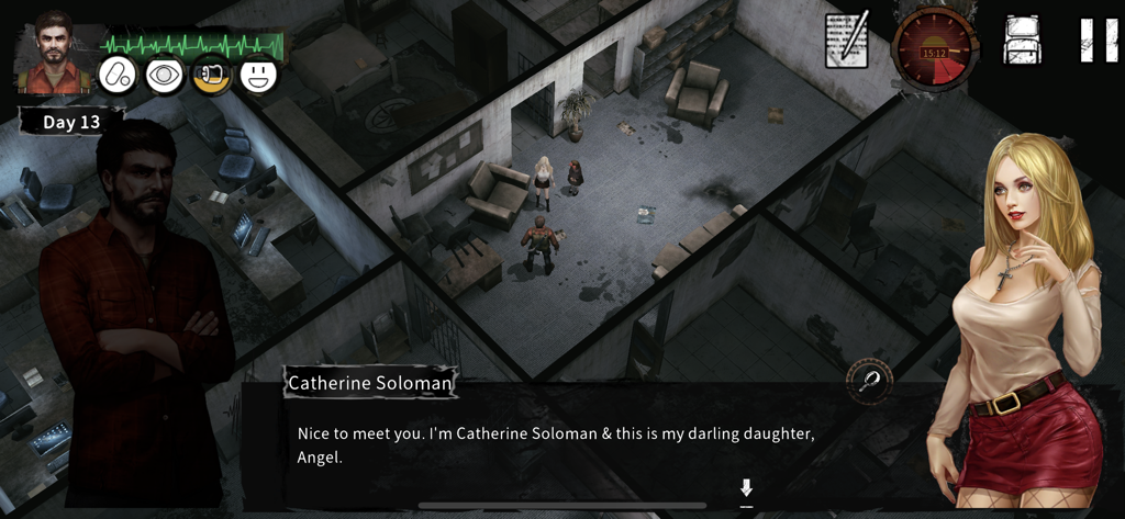 Delivery From the Pain:Survive - A gameplay screenshot of Delivery From the Pain Survive showing an isometric view of a character interacting with an NPC named Catherine Soloman inside a building