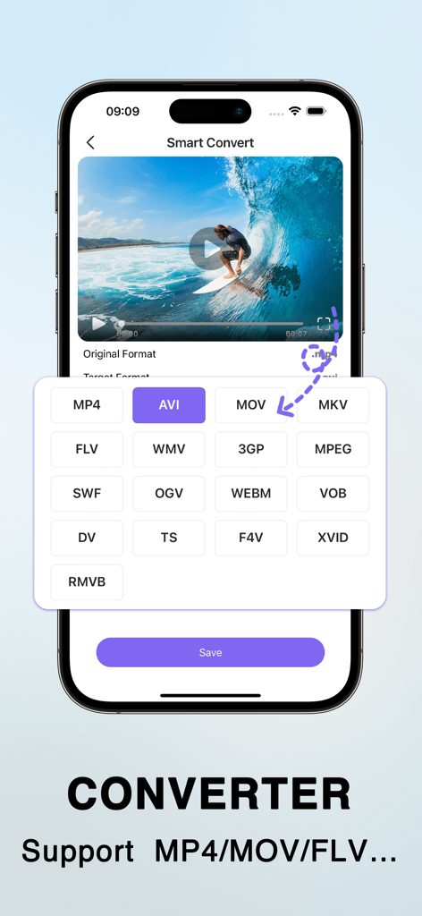 HandBrake - Video Compressor - MP4、AVI、MOVなどのフォーマットの動画変換オプションを表示するモバイルアプリのインターフェース