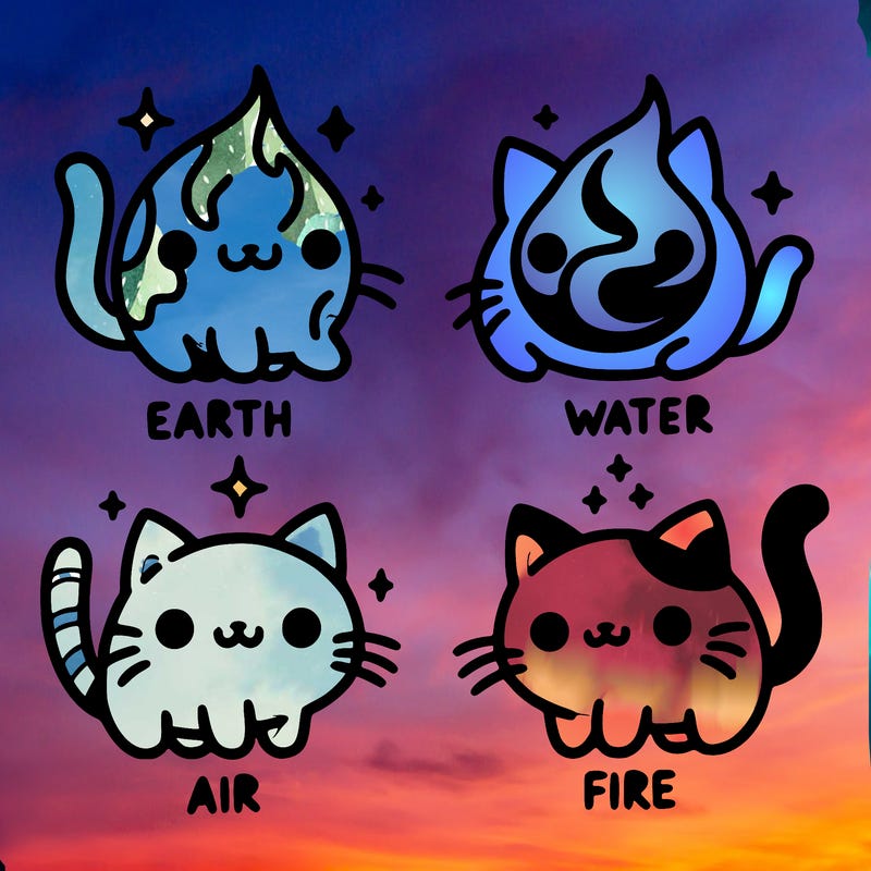 4 cats that represent the different elements, earth, water, air, and fire