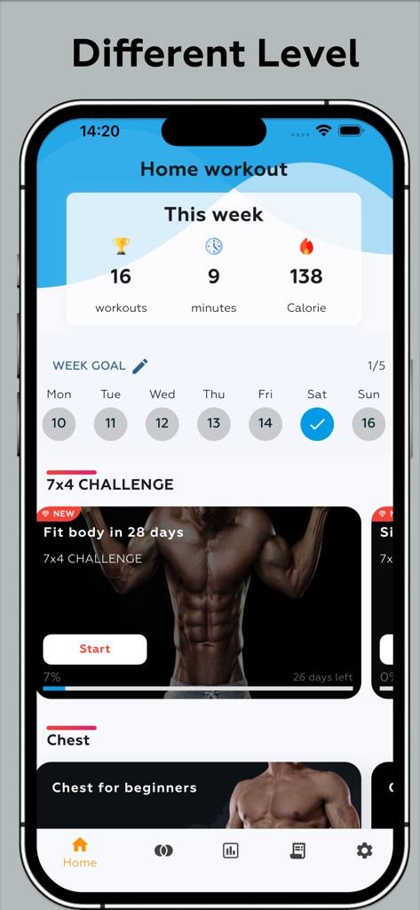 Capture d'écran du tableau de bord de l'application Home Workout montrant les statistiques hebdomadaires d'exercices et les défis de remise en forme proposés
