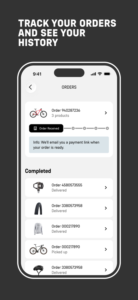 A mobile interface from the Canyon app showing an order tracking progress bar and a list of completed purchases for bikes and cycling gear.