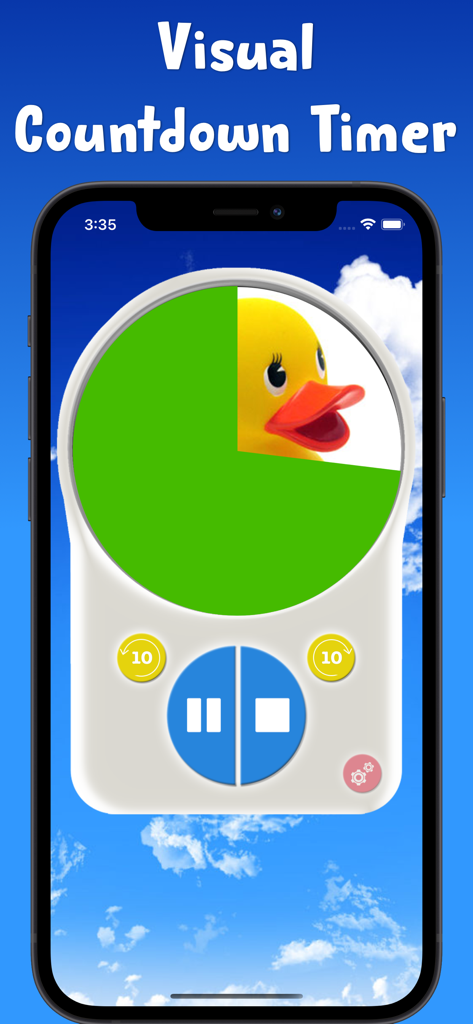 Visual countdown timer app for kids showing a rubber duck picture being revealed on a circular green timer