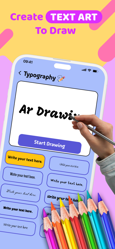AR Drawing: Simply Draw, Trace - Smartphone screen showing the text art and typography drawing feature in the AR Drawing app