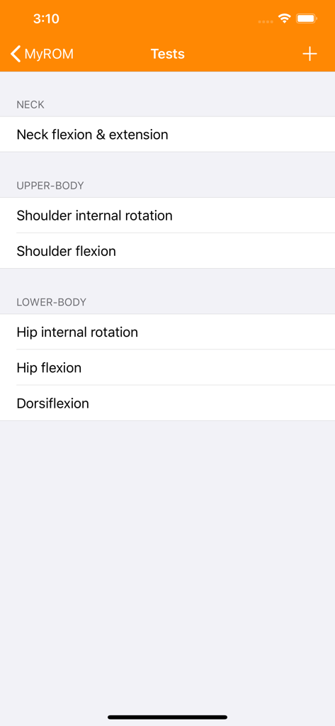 Pantalla que muestra la lista de pruebas de rango de movimiento articular en la aplicación My ROM, incluyendo opciones para cuello, parte superior e inferior del cuerpo.