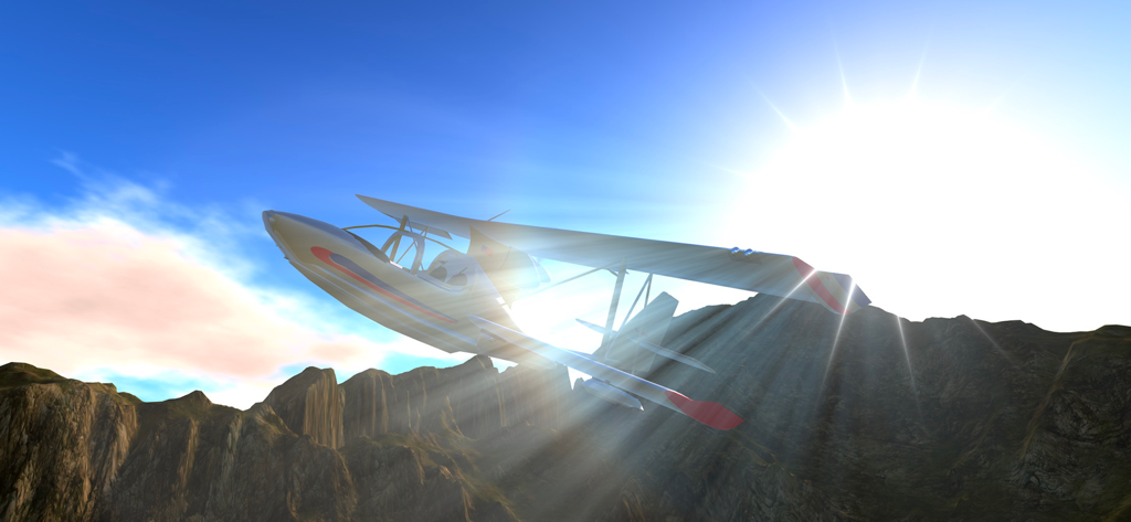 SimplePlanes - A custom built seaplane flying through sunbeams over a mountain range in SimplePlanes