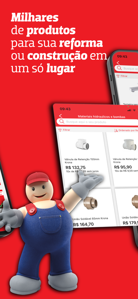 Potiguar Home Center 앱 인터페이스가 건축 자재 제품과 마스코트를 보여주는 화면