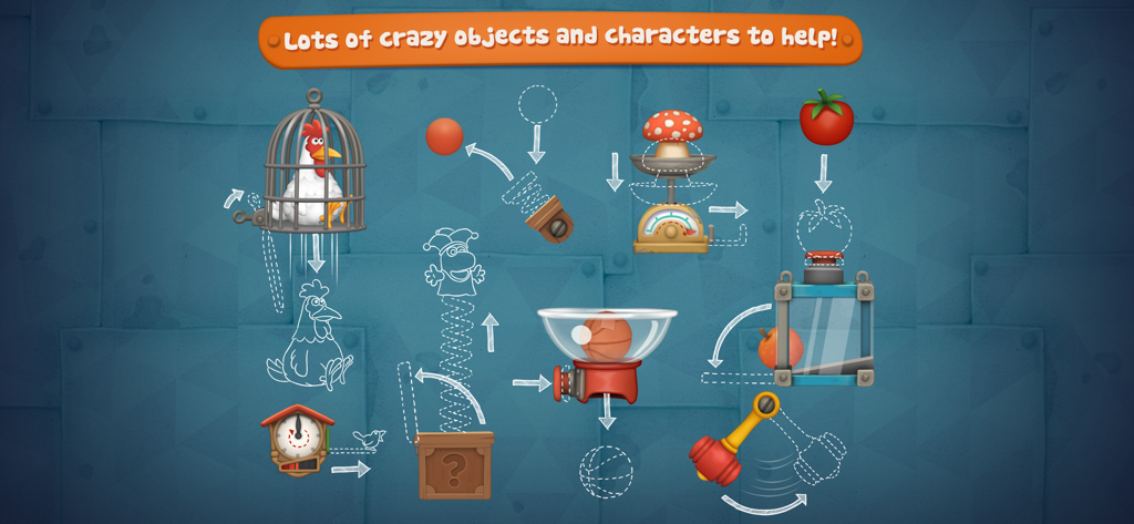 Inventioneers Full Version - Educational physics puzzle game screen showing characters and objects like a chicken cage jack in the box and scales