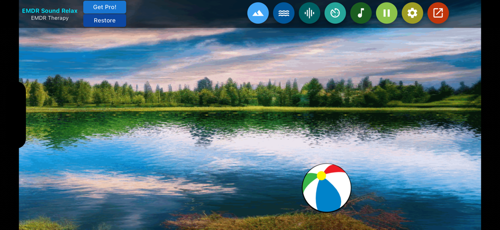 EMDR Sound Relax app interface with a lake landscape and a moving beach ball for bilateral stimulation therapy