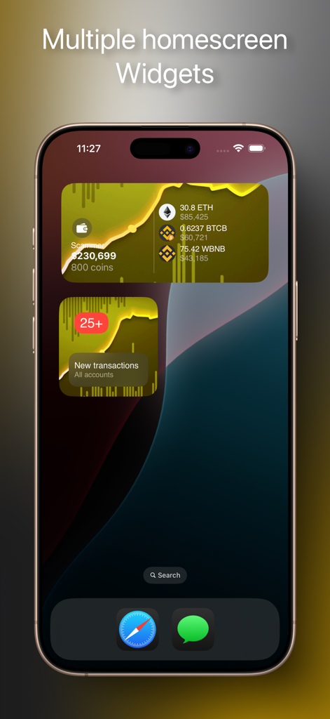 Binance Smart Chain Explorer iOS widgets on a smartphone home screen displaying cryptocurrency balances and transaction alerts