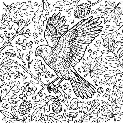 Capture the beauty of fall with this exquisite sparrowhawk coloring page, featuring the agile bird amidst a rich tapestry of autumn leaves and forest treasures. Perfect for celebrating the vibrant colors and cozy atmosphere of the season.