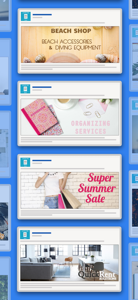 A collection of professional banner templates for beach shops, organizing services, summer sales, and real estate ads.