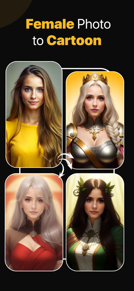 AI Anime Image Editor - Captura de tela do Editor de Imagens de Anime IA mostrando um retrato feminino transformado em múltiplos estilos de personagens de anime de fantasia