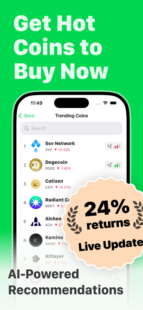 TradeGPT app screen displaying hot coins to buy and AI-powered trading recommendations.