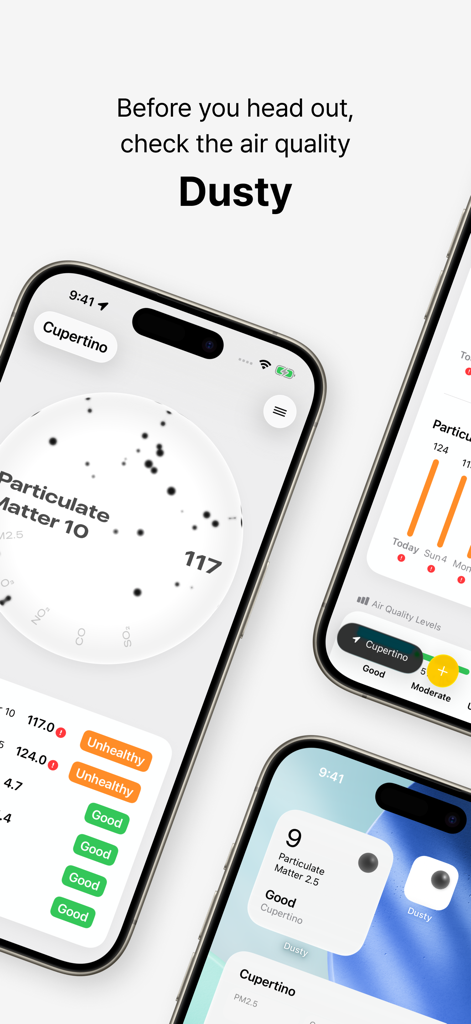 Dusty - Air Quality Visuals - Minimalist air quality app interface showing pollutant levels and widgets on multiple iPhones