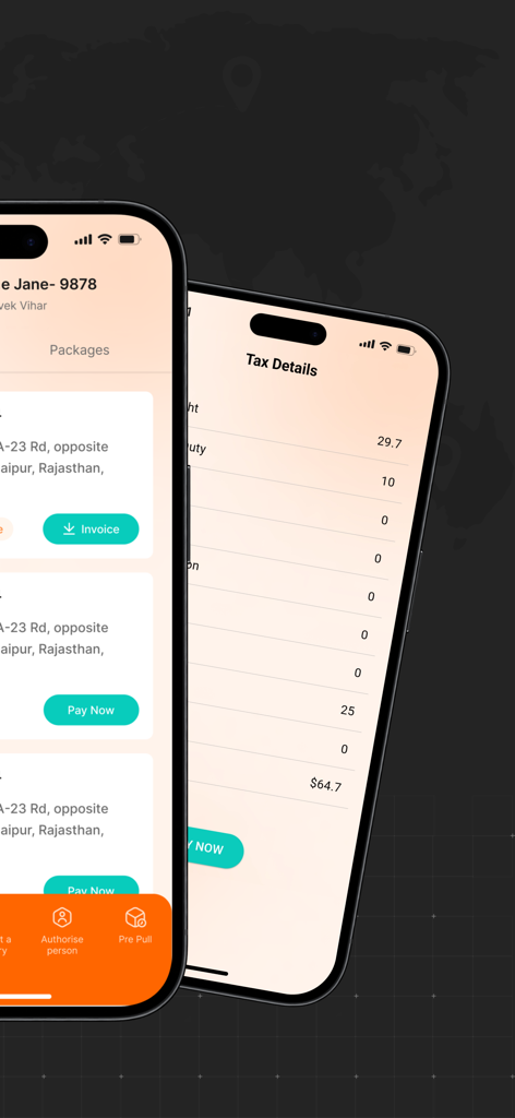 RisExpress - Interface of the RisExpress app showing freight package invoices and tax detail breakdowns on mobile