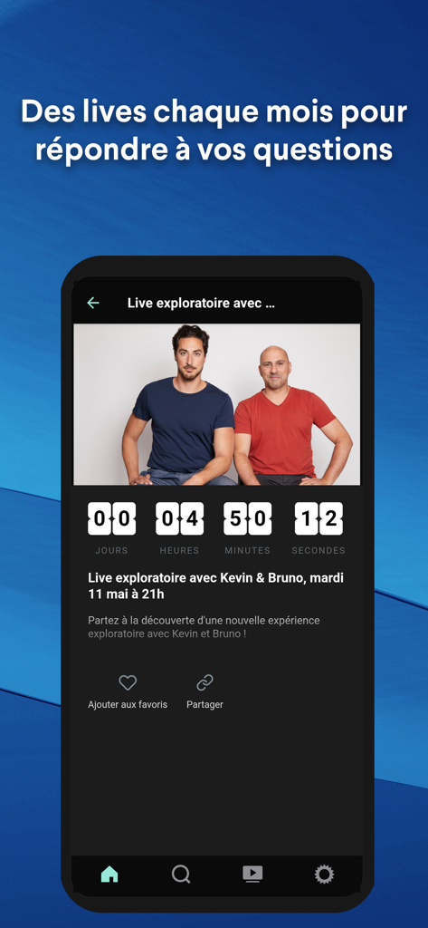 Pantalla móvil de la aplicación Psychonaute que muestra una cuenta regresiva para una próxima sesión en vivo con expertos