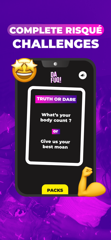 DAFUQ - Party Game - Smartphone screen showing a Truth or Dare card from the DAFUQ party game app