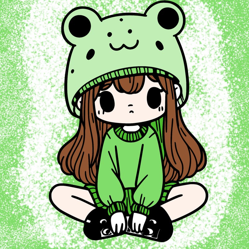 a girl wearing a frog hat and some frog socks