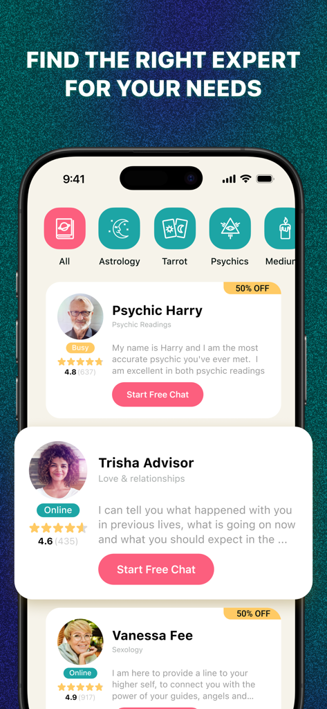 Mobile app interface of PsychicBook showing available spiritual advisors for astrology and tarot chat sessions.