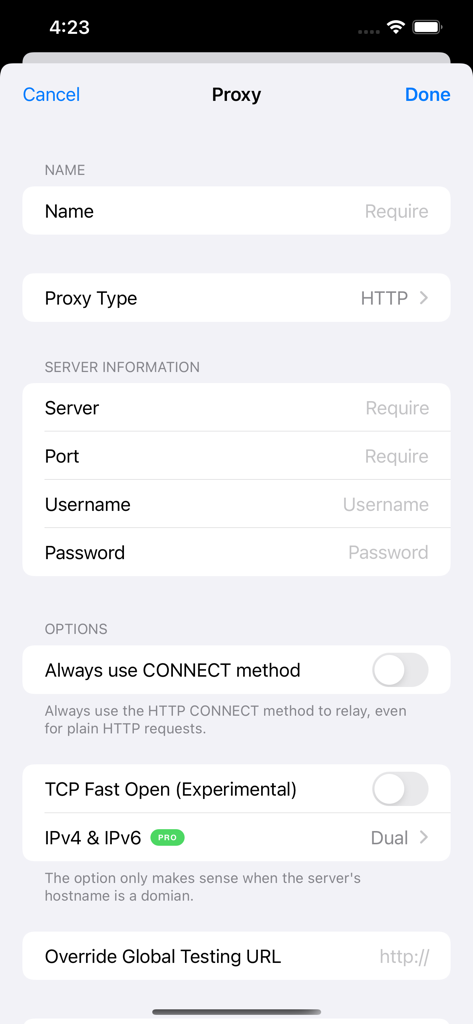 Surge 5 앱에서 프록시 서버 추가를 위한 구성 인터페이스로 서버 세부 정보 및 네트워크 옵션이 포함됩니다.