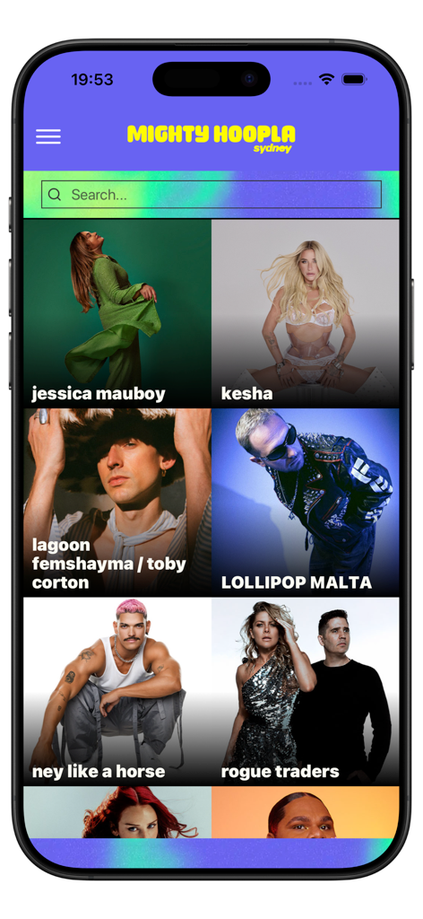 Mighty Hoopla 2026 - Tela do aplicativo Mighty Hoopla Sydney mostrando a programação de artistas do festival, incluindo Kesha e Jessica Mauboy