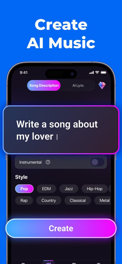 AI Music Generator AI Songs - Smartphone screen showing AI music creation interface with text prompt and genre selection
