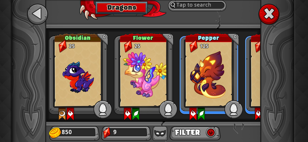 DragonVale - Breed Dragons - 宝石の価格と元素タイプとともに、黒曜石、花、唐辛子を含むドラゴンのコレクションを示すDragonValeゲームインターフェース。