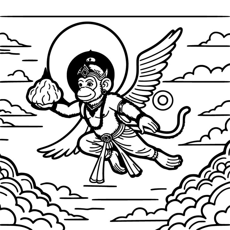 coloring sheet - hanuman flying across the sky, carrying a mountain in his hand.