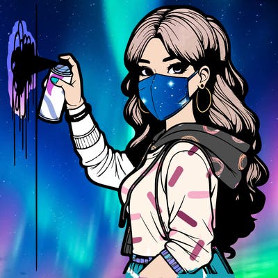 realistic girl with mask spray painting a wall