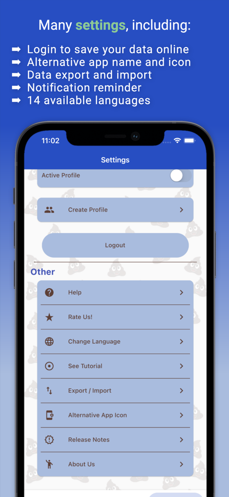 Happy Poop: Toilet Journal Log - Settings menu of the Happy Poop app showing options for profiles, language, and data export.